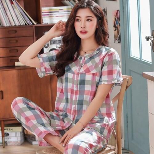 New Summer100% Cotton Female Pajamas Set Sleepwear Women Plaid Cardigan Pyjamas Suit Casual Loose Nightwear Thin Home Wear