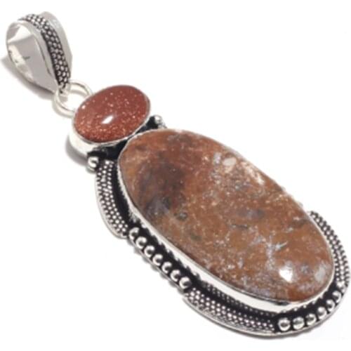 Genuine Jasper + SunStone Pendant Silver Overlay over Copper , Hand made Women Jewelry gift , P9080