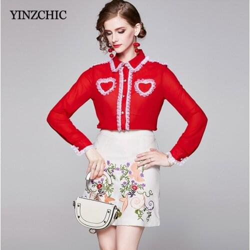 Chiffon Blouse A-Line Skirt Set for Woman Autumn New Office Lady 2pcs Set Elegant Red Blouse Embroidery Skirt Suit Woman 2020