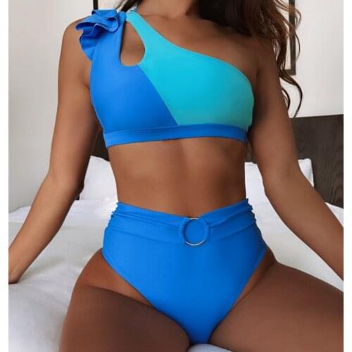 Sexy Ruffled One Shoulder High Waist Bikini Women Swimwear Two-pieces Bikini B599W 2021 New Style