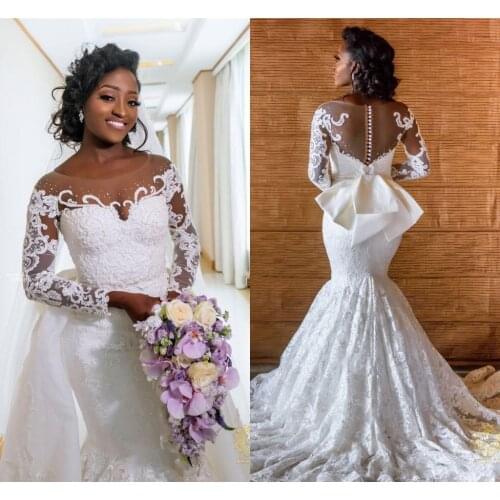 African Long Sleeves Mermaid Wedding Dress Detachable Train Luxury Off Shoulder Lace Applique Plus Size Bridal Gown