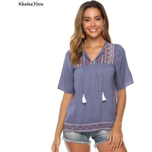 KHALEE YOSE Vintage Floral Embroidery Blouses Shirt Summer Boho Mexican Shirts Short Sleeve Plus Size 2xl 3xl Ethnic Hippie Tops