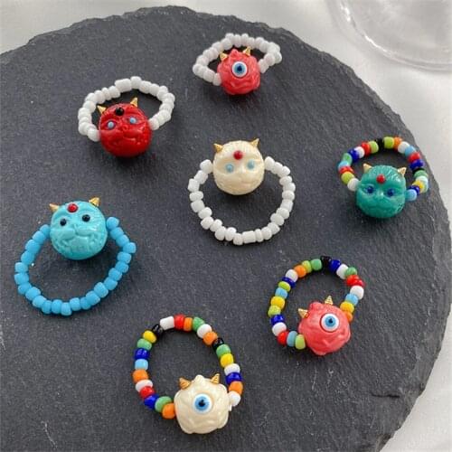 AOMU New Lovely Funny Korean Colorful Beads Monster Evil Rings for Women Girls Adjustable Rings Party Jewelry Gifts