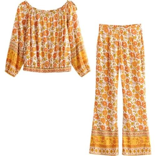 Set female 2019 one shoulder small shirt casual trousers suit orange ethnic off-the-shoulder shirt printing fashion flared pants