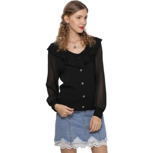 Flounces Solid Round Collar Womens 2020 Sweet Knitted Top Long Sleeve Fashion Light Pullover Cotton Design