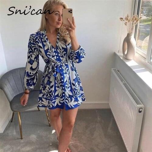 Za Blue Paisley Shirt Dress With Sashes Vintage Summer Office Ladies Mini Dress Sukienka Letnia Robe Chemise Femme Za 2021 New