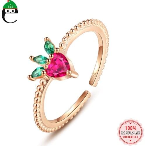 ElfoPlataSi Genuine S925 Sterling Silver Cute Strawburry Opening Ring Gift For Women Wedding Birthday Party Fine Jewelry L208