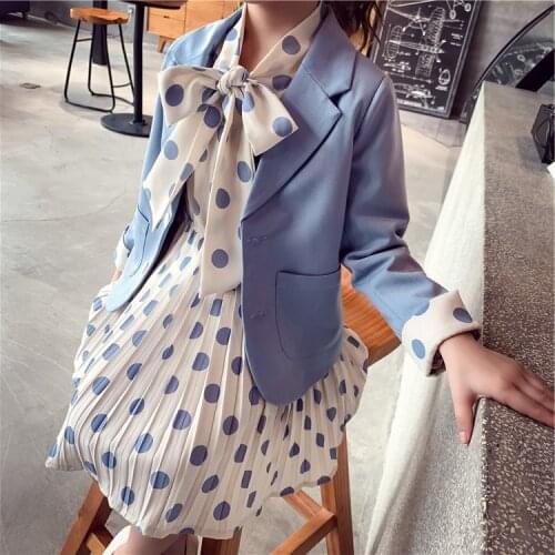 Kids School Outfits Blazer Jacket + Dress 2PCS Tuxedos Suit for Girls Formal Wedding Suit Sets Children Clothes 4 6 8 10 14 Year