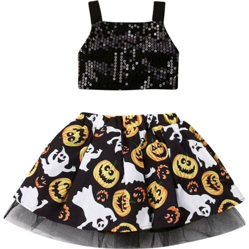 2020 Halloween Newborn Kids Baby Girl Funny Outfits Clothes Sequins Crop Vest Tops+Pumpkin Print Tulle Tutu Skirt Princess 2pcs