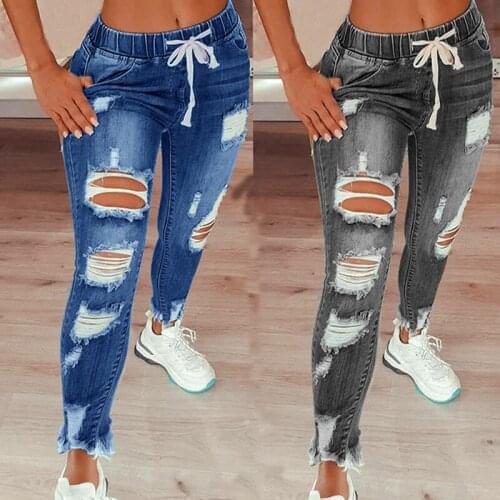 2021 new fashion washed drawstring ripped jeans casual hipster mid-rise pencil jeans