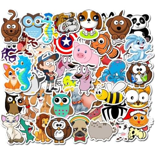 50pcs/lot Waterproof Super Cute Cartoon Animal Stickers For Laptop refrigerator Decal Kids Gift Cat Pig Dog Computer Sticker