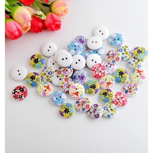 Free Shipping 50Pcs Mixed Flower 2 Holes Pattern Wood Buttons Sewing Scrapbooking 18mm F0985