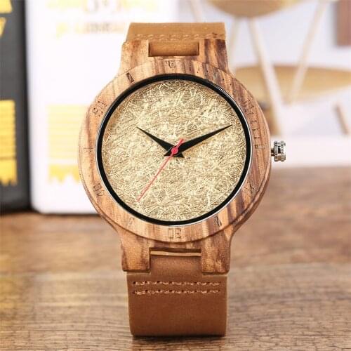 Creative Simple Gold Analog Wood Watch for Men Real Wood Clock Man Genuine Leather Top Gifts Item for Male reloj masculino