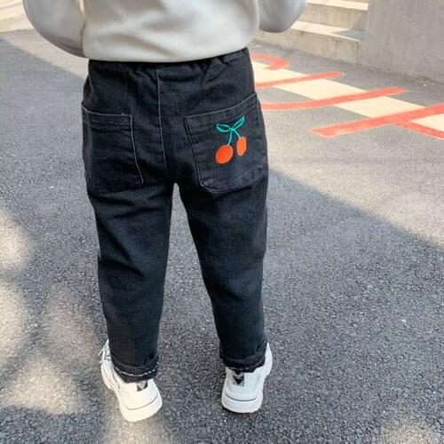 2019 new Baby girl Boy winter Jeans pants kids cherry embroidery velvet inside thick warm Trousers Children Clothes Outfits