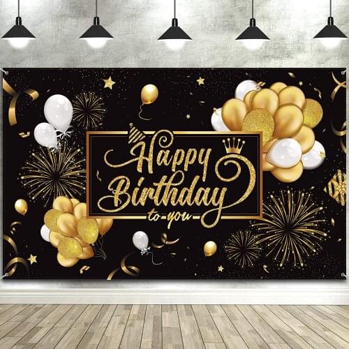 Backdrop For Men Women 30th 40th 50th 60th 70th 80th Happy Birthday Party Background Banner Large Black Gold Balloon Star