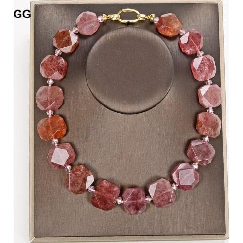 GuaiGuai Jewelry 19" Natural Faceted Strawberry Moscovite Quartzs Chunky Rectangle Necklace For Women