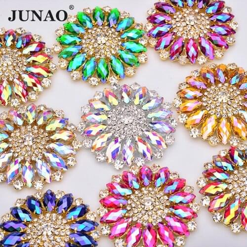 JUNAO 2pcs 50mm Sewing Large Crystal AB Flower Rhinestone Gold Claw Crystals with Setting Sew On Strass Applique For Dress