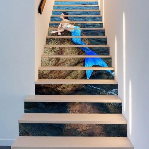 13pcs/set Mermaid By The Sea Stairs Stickers Home Decor Villa Stairs Art Mural Removable Peel & Stick Waterpoof PVC Wall Sticker