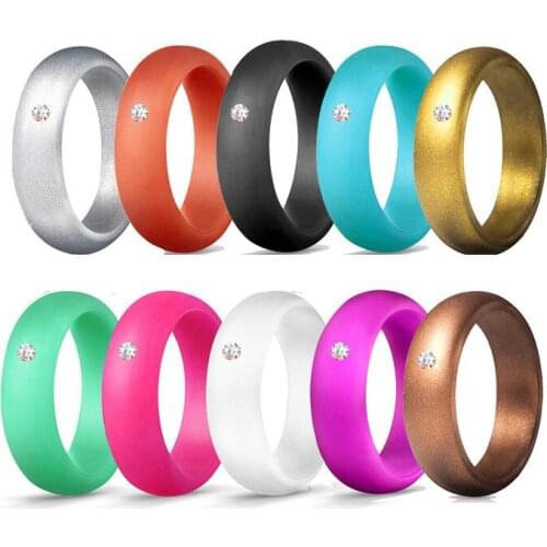 5/7/10pcs/set Flexible Soft Coloful Crystal Rhinestone Silicone Wedding Bands for Women Sports Rubber Finger Rings Jewelry Gift