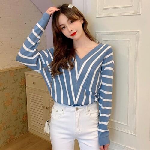 Autumn Spring Style Women Knitted Pullover Tops Lady Casual Long Sleeve V-Neck Striped Printed Sweater Pullover ZZ0990