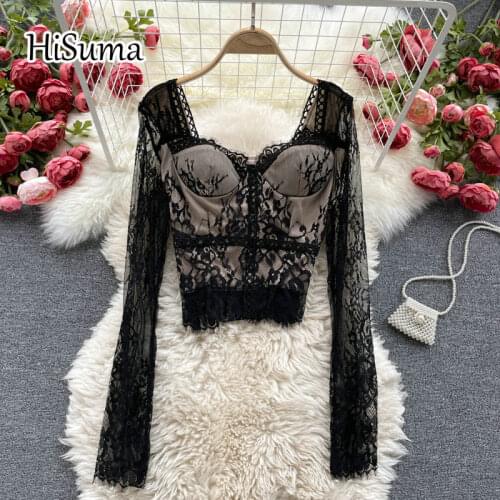 2021 spring summer new female square collar long sleeve Chest pad Slim lace shirts women elegant chic blouses shirt