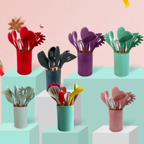 Silicone Kitchenware Wooden Spatula Shovel Egg Beaters Handle 12-piece Set High Temperature Non-stick Cookware Cook Kitchenware