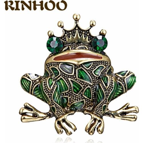 Vintage Crown Prince Frog Brooch Pins Black Zircon Eyes Frog King Enameled Men Women Brooches Cute Reptile Animal Brooch Jewelry