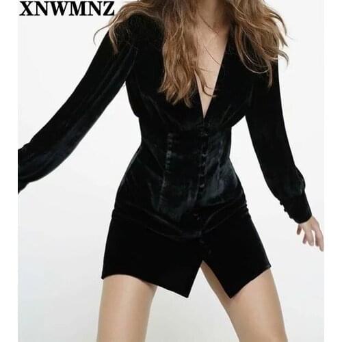 XNWMNZ Sexy Bodycon Dresses For Women Clothes Sexy Club Outfits For Women Clubwear Velvet dress black Buttons Dress New Arrival