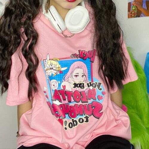 New Arrival Angel and Lucy Printed Harajuku Shirts For Women Short Sleeve Pink Graphic Tees Street Style Ins Fashion 90s Tshirt