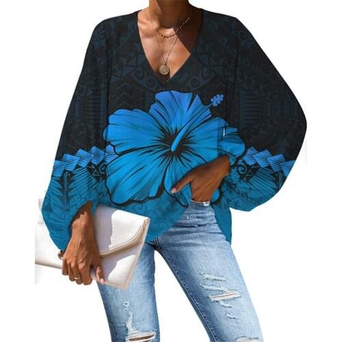 HYCOOL Fall Casual Plus Size Long Sleeve Tops Women Polynesian Hibiscus Print Blue Lantern Sleeve Elegant Chiffon Blouses Shirts