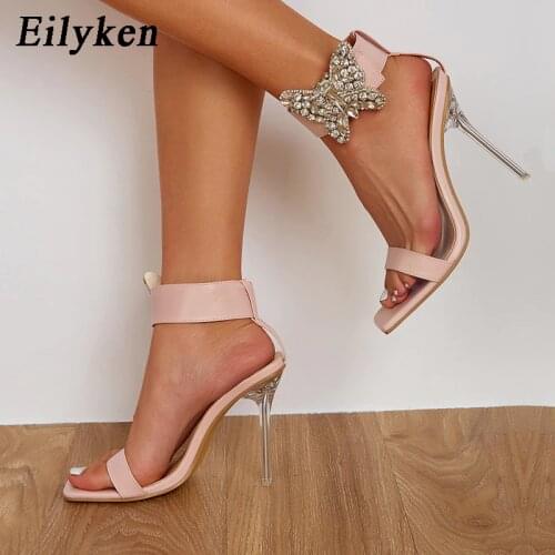Eilyken Transparent Perspex Heels Women Party Wedding Shoes Fashion Crystal Butterfly Ankle Buckle Ladies Square Toe Sandals
