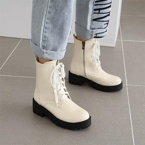 2021 new Woman PU Leather ankle Boots Lace Up Shoes Woman Short Winter booties zip Platform Heel Footwear Size 34-43 punk Boots