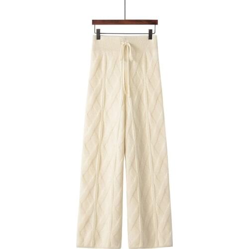 100%cashmere argyle grain thick knit women wide leg pants drawstring elastic waist straight trousers full long M/L/XL