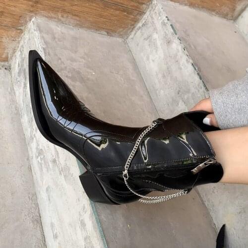 Full Leather Woman Ankle Boots Thick High Heels Motorcycle Boots Female Pointed Toe Side Zipper Short Boots