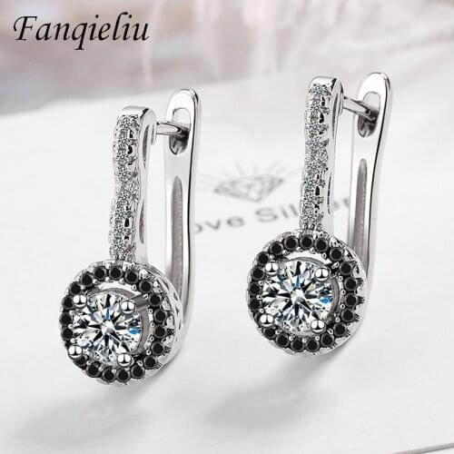 Fanqieliu Black Zircon White Crystal Hoop Earrings Women 925 Sterling Silver Jewelry Hoops For Girl FQL21249