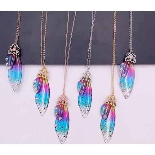 Handmade Fairy Rainbow Butterfly Wing Pendant Necklaces for Women Clear Resin Insect Wing Choker Necklace Wedding Bridal Jewelry