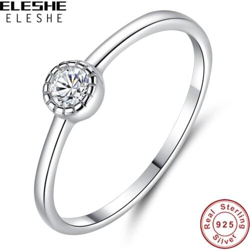 ELESHE Authentic 925 Sterling Silver Ring Simple Round CZ Finger Ring for Women Wedding Engagement Gift Fine Jewelry