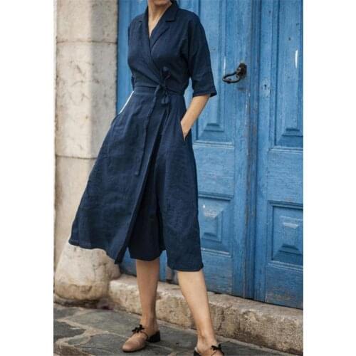 Solid yellow blue wrap midi dress Casual 3/4 sleeve turn-down collar dress 2021 cotton and linen summer clothes for women