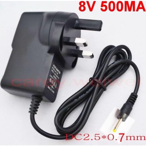 100PCS High quality 8V 500mA AC 100V-240V Converter Switching power adapter DC 0.5A Supply UK Plug DC 2.5mm x0.7mm