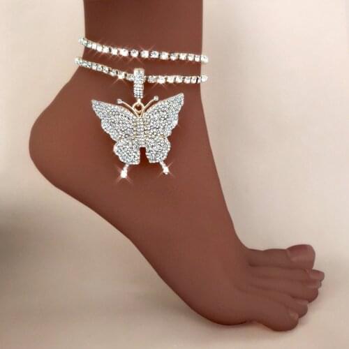 2Pcs/Set 2021 Trend Butterfly Rhinestone Anklets for Women Snake Animal Crystal Charms Foot Chain Ankle Bracelet Sandals Jewelry
