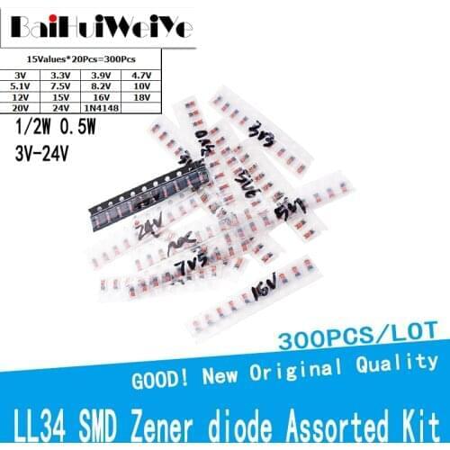 300PCS/LOT LL34 SMD Zener Diode Assorted Kit 1/2W 0.5W 3V-24V 15 Value *10Pcs 1N4148 3.3V 3.9V 4.7V 5.1V 7.5V 8.2V 10V 12V 15V