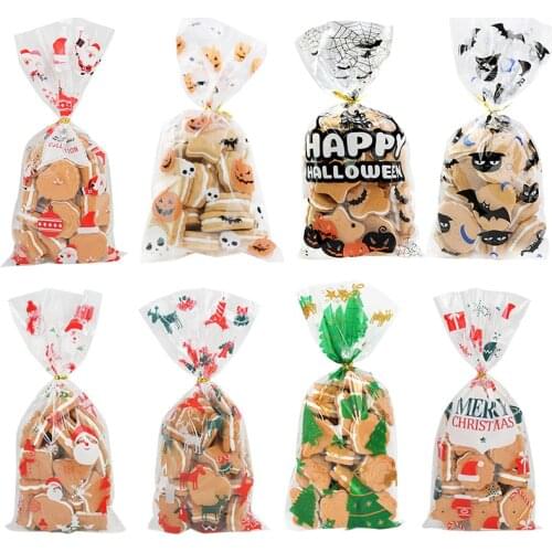 50pcs Hallwoeen Pumpkin Skull Cat Candy Bag Transparent Cellophane Food Plastic Package Bags Christmas Party Decor Gift Bag