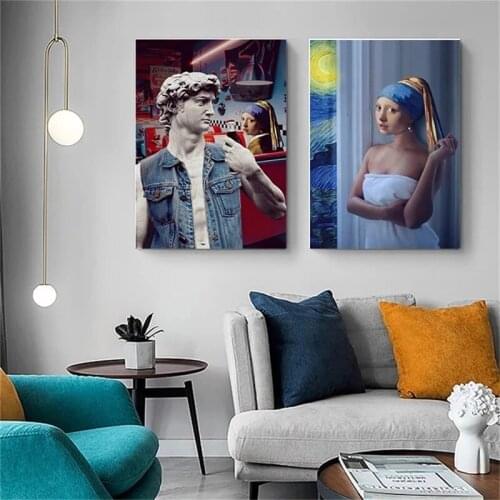 Abstract Classic Characters The Girl with Pearls and David Canvas Painting Poster and Print Wall Art Pictures Home Decor Cuadros