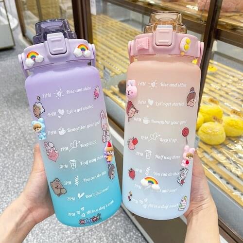 2L Big Cute Water Bottle with Straw for Girls Sport Thermo Drinkware Travel Lsotherm Flask Kid Juice Drink Gourd Gym Plastic Cup