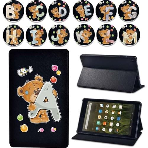 Case For Amazon Fire 7/Fire HD 8/Fire HD 10 with Alexa - Bear Initial Name 26 Letters Flip Printed Leather Stand Cover Case +Pen