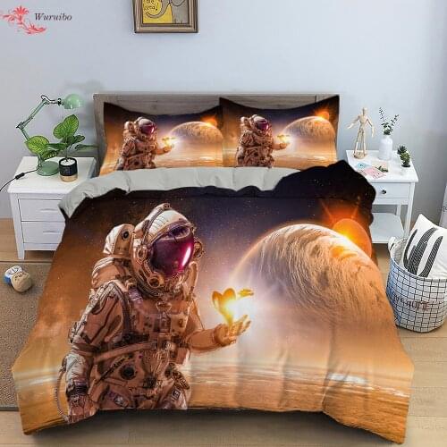 Cartoon Astronaut Outer Space Bedding Set Fashion Boys Teens Home Single King Bed Cover Set 2/3 Pcs Duvet Cover Set + Pillowcase