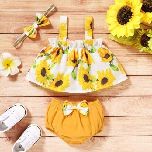 Summer Newborn Baby Girl Floral Sling Strap Vest Tops+Shorts Pants Clothes Sunflower Outfits Headband 3pcs Set