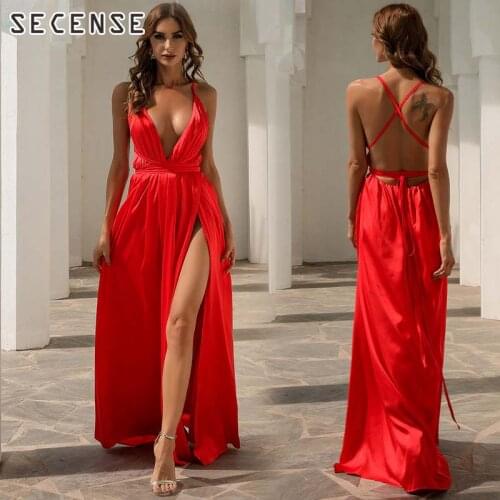 Maxi Dress Women Sexy Deep V Spaghetti Strap Dress Solid Color Ladies Satin Dresses Female Elegant Celebrity Party Dress SECENSE