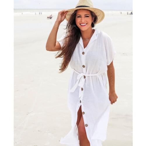 Cover-ups White Cotton Tunic Summer Women Beach Wear Bath Dress Casual V-Neck Short Sleeve Front Open Swimsuit Cover Up Q743