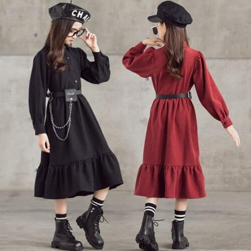 2021 Spring New Dress Girls Midi Dress Kids Clothes Corduroy Long Sleeve Ruffles Children Thin Mommy and Me Dress Buttons,#6042